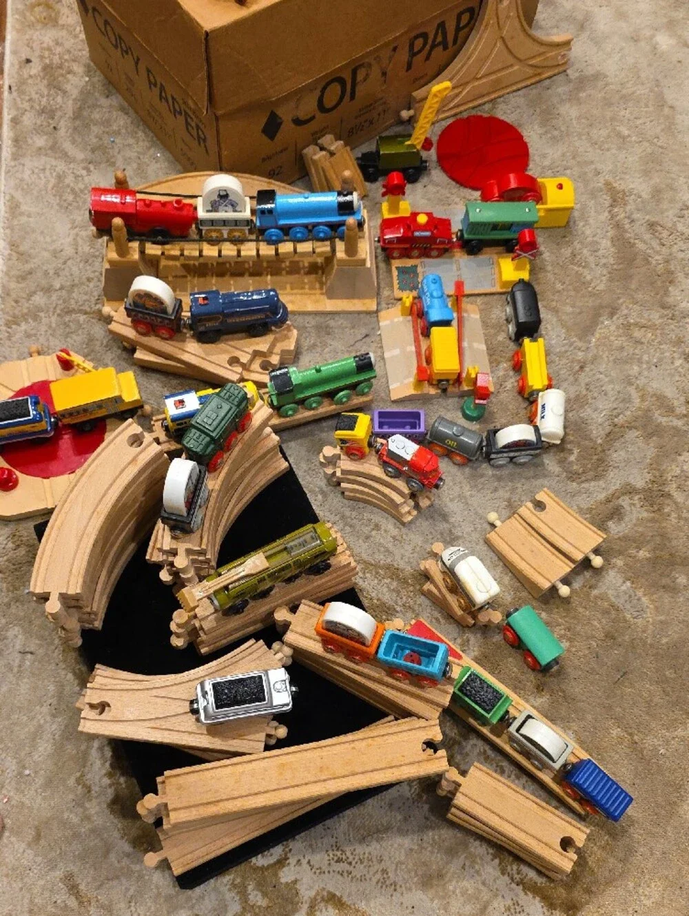 Vintage Multicolor Wooden Train Set with Engines, Cars & Tracks